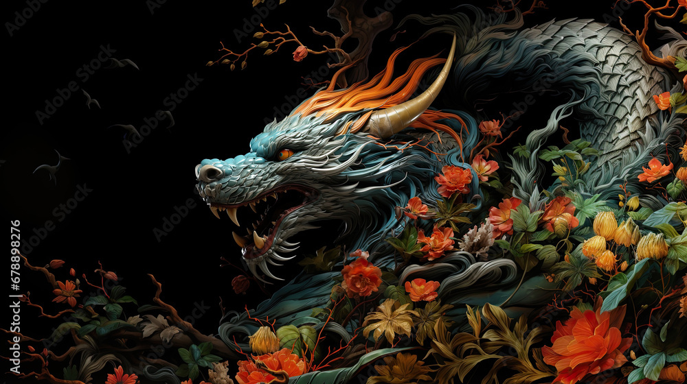 Festive colorful Asian dragon on black background