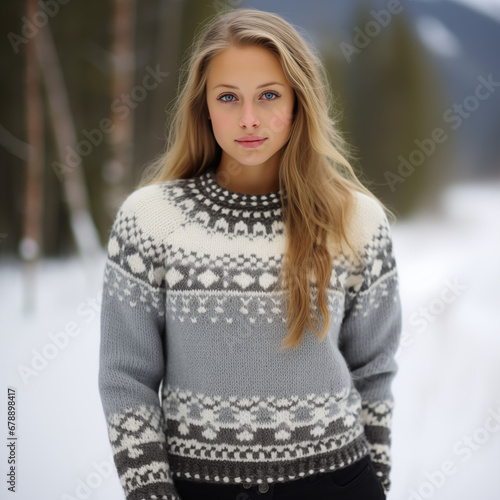 Beautiful icelandic girl wearing a Lopapeysa sweater. Classic nordic look on Iceland background. Lopi wool and yoke design. Icelandic Lopapeysa advertisement concept.