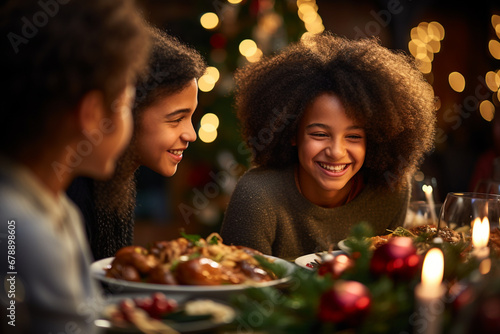 A delightful Christmas celebration featuring a family of different ages and nationalities  their smiles reflecting the joy of being together over a festive turkey dinner.