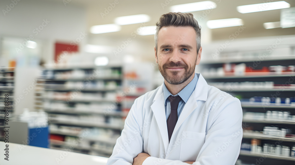 Portrait of a handsome pharmacist standing in front of stock in the shop smiling at the camera, close up head and shoulders Portrait of a handsome pharmacist standing in front of stock in the shop smiling at the camera, close up head and shoulders