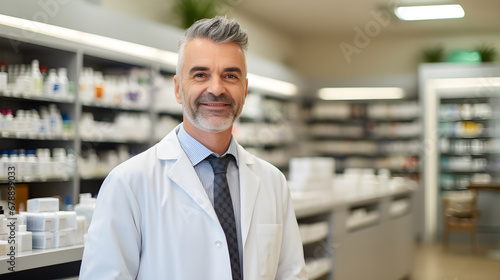 Portrait of a handsome pharmacist standing in front of stock in the shop smiling at the camera  close up head and shoulders