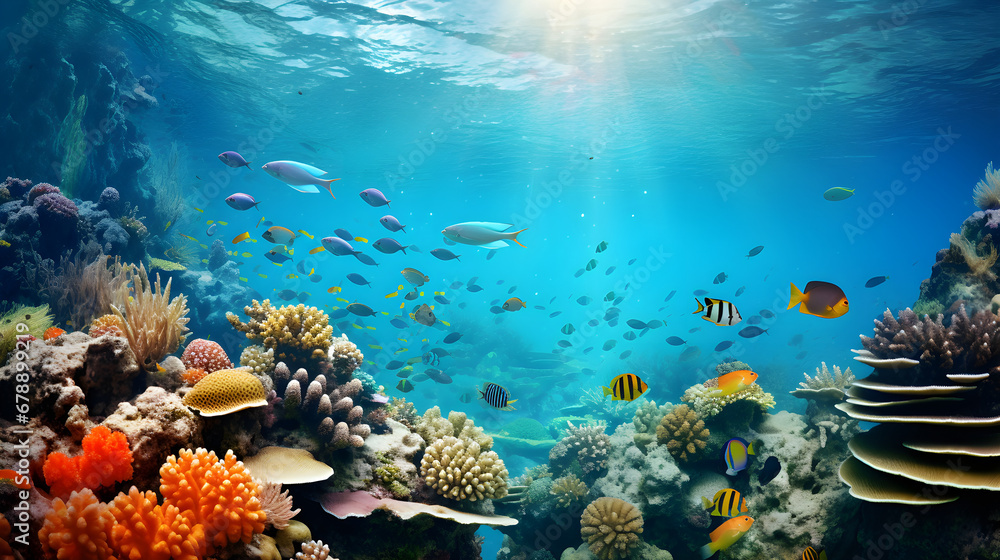Tropical sea underwater fishes on coral reef. Aquarium oceanarium wildlife colorful marine panorama landscape nature snorkel diving - obrazy, fototapety, plakaty 