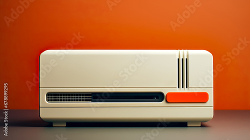 Close up of white and orange nintendo wii game system on table. photo