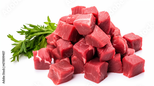 Fresh beef cubes with parsley isolated on a white background. Advertisement concept.