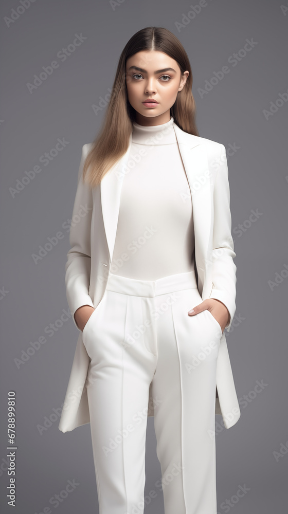 Fashion shot of a European female model. Beautiful girl wearing white silk jacket and trousers. Soft light fashion shoot for commercial photography. Fashion shot of a European female model. Beautiful girl wearing white silk jacket and trousers. Soft light fashion shoot for commercial photography.