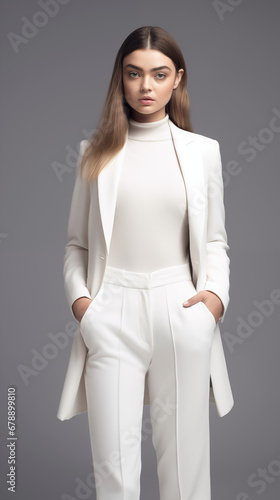 Fashion shot of a European female model. Beautiful girl wearing white silk jacket and trousers. Soft light fashion shoot for commercial photography.