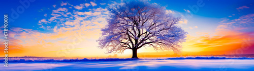 Snow covered tree in the middle of snow covered field at sunset.