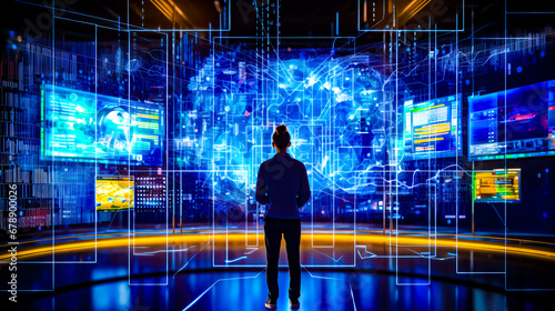 Man standing in front of large display of digital images in dark room. © Констянтин Батыльчук