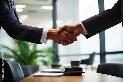 Mãos de homens de negócios sendo apertadas, ambiente simples e com planta ao fundo