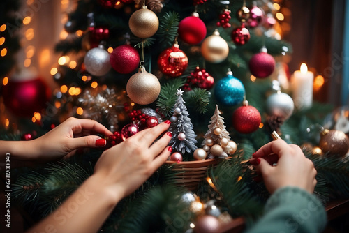 Mãos de duas pessoas decorando árvore de natal photo