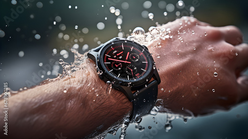 Waterproof smartwatch on mans hand with water splashes around. Water sprayed on the Smart watch. Smart watch waterproof test. photo