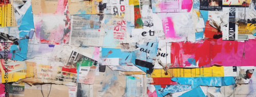 Old wrinkled grunge ripped torn placard posters background. White, pink, blue, yellow colors weathered advertising poster pieces on wall