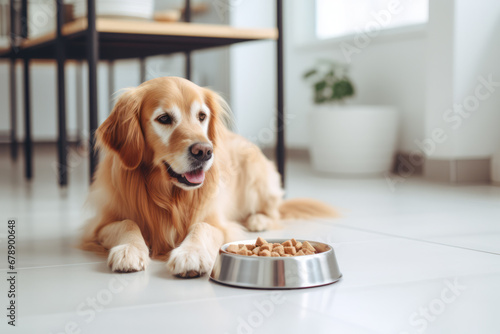 Morning mealtime. Portrait of golden retriever dog lying on ground near dog food bowl in kitchen. Dog mealtime, daily routine, pet behavior concept photo