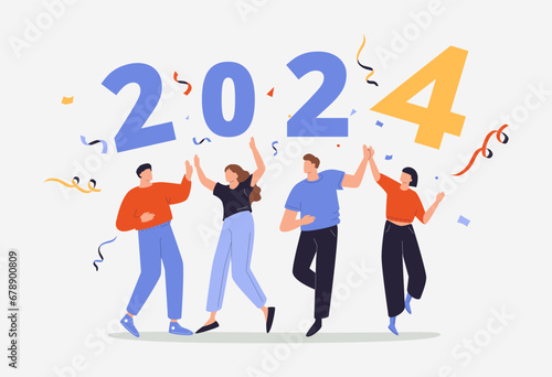 Group Of Joyful Characters Cheerfully Holding Colorful Numbers 2024 under the Falling Confetti, Vector Illustration