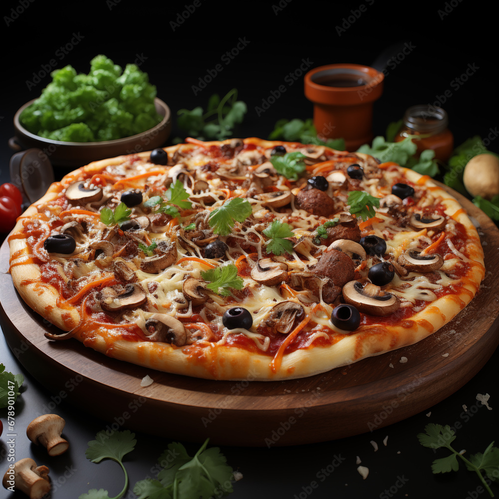 Realistic 3D Mushroom Pizza with Cheese Pull, Topped with Black Olives and Jalapenos Realistic 3D Mushroom Pizza with Cheese Pull, Topped with Black Olives and Jalapenos