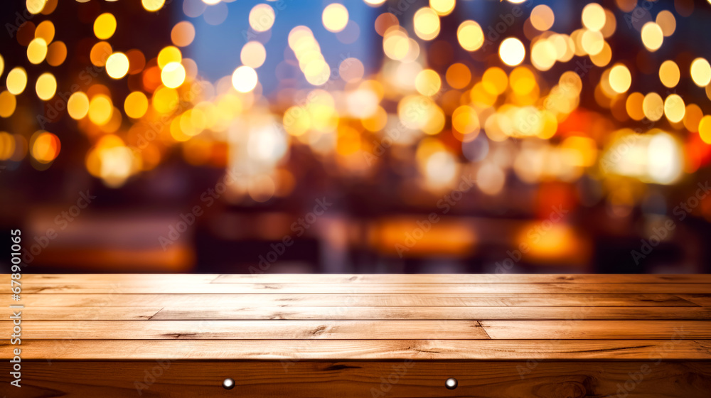 Wooden table top with blurry lights in the background of city. Wooden table top with blurry lights in the background of city.