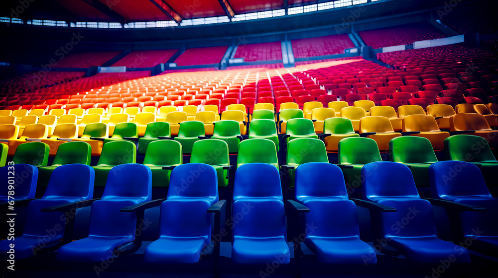 Naklejka premium Row of empty seats in stadium with red, yellow, and blue seats.