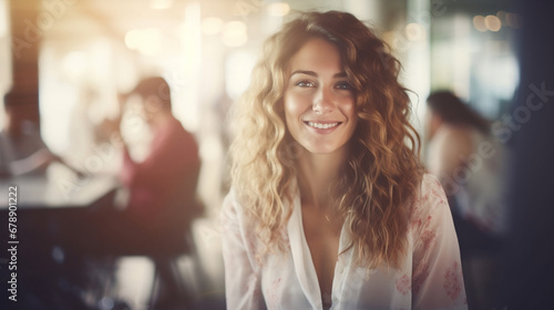 Isolated beautiful blonde businesswoman in an office meeting on blurred flare bokeh background