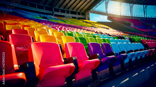 Row of colorful chairs in stadium with bright sky in the background.