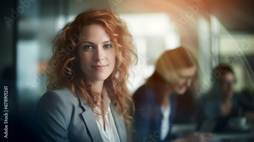 Isolated beautiful redhead businesswoman in an office meeting on blurred flare bokeh background