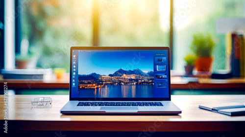 Laptop computer sitting on top of wooden table next to window.