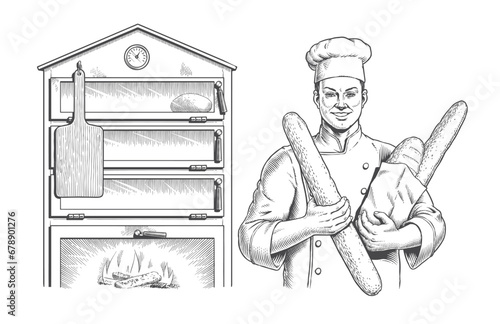 Baker in uniform holding bread and baguettes and vintage oven with fire isolated on the white background. Retro bakery hand drawn monochrome engraving style vector illustration.