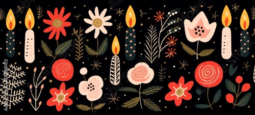 Illustration of Christmas candles with Christmas flowers in christmas colors Hand drawn Pattern on black background, Christmas theme. Horizontal banner. AI generated