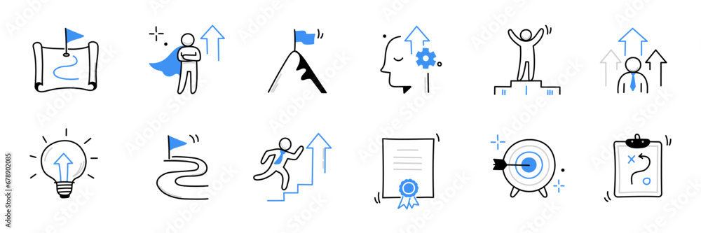 Business progress, challenge doodle icon set. Hand drawn sketch business opportunity, career progress, professional goal cute trendy doodle icon. Career talent, leader concept. Vector illustration - obrazy, fototapety, plakaty 