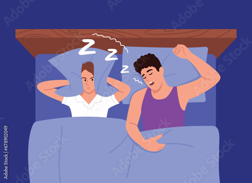 Vector illustration of a guy snoring. Cartoon scene of a man and a woman sleeping in bed, disturbing his girlfriend's sleep. A woman covers her ears with a pillow from her husband's snoring.