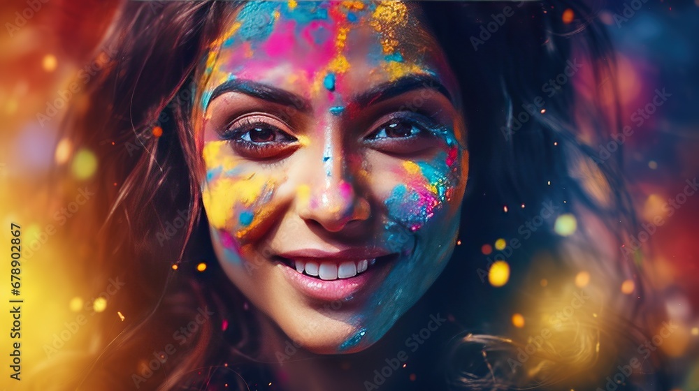 Indian Woman Celebrating Holi with Colorful Paint