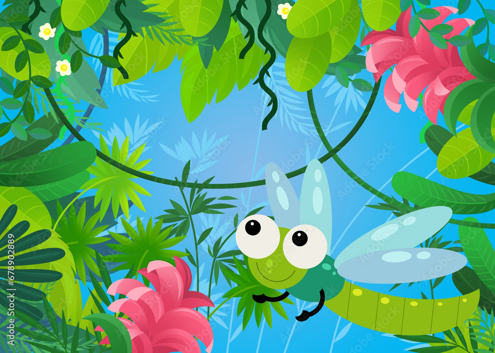 Fototapeta premium cartoon scene with forest and animal creature insect dragonfly illustration for children