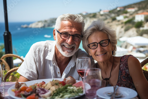 A smiling elderly couple from Greece, enjoying a traditional Greek feast with their family by the crystal-clear waters of the Mediterranean. photo