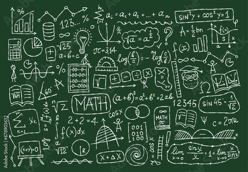 Hand drawn math science formulas on chalkboard background
