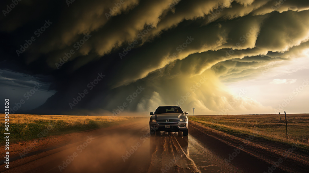 storm chaser is driving away from a huge tornado Stock Illustration ...