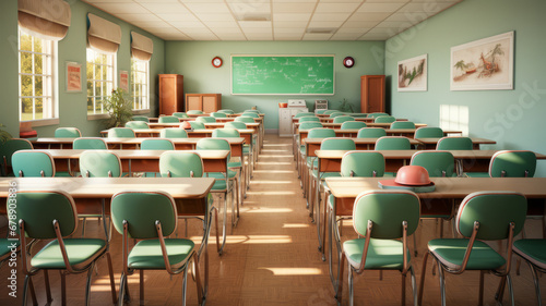 Empty school classroom with chairs, tables without people photo