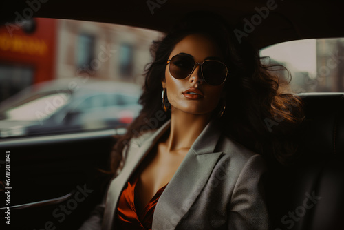 A glamorous woman in sunglasses sits in the backseat of a car, her voluminous hair and stylish outfit exuding luxury and confidence.