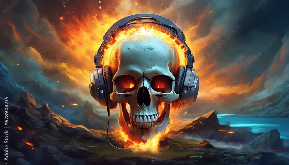Burning skull with a headphone