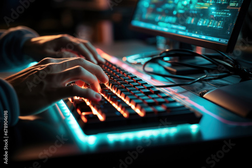 A close-up of a person's hands typing on a keyboard, symbolizing the modern era of technology and digital communication. Concept of digital age and connectivity. Generative Ai.