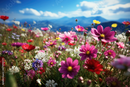 A sprawling field of vibrant wildflowers, showcasing the biodiversity and vivid colors of nature. Concept of floral diversity and environmental richness. Generative Ai.