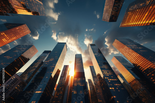 A geometric arrangement of towering skyscrapers against a cloud-dappled sky, illustrating the architectural prowess of urban landscapes. Concept of metropolitan grandeur and modernity. Generative Ai.