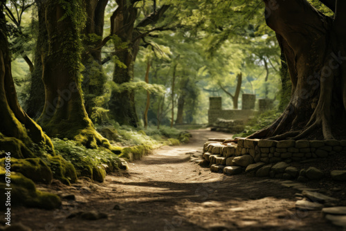 The dappled sunlight filtering through lush tree branches onto a woodland path, creating a picturesque play of light and shadow. Concept of woodland serenity and natural beauty. Generative Ai.