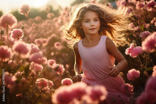 Portrait of a beautiful little girl in a pink dress on a background of pink flowers meadow