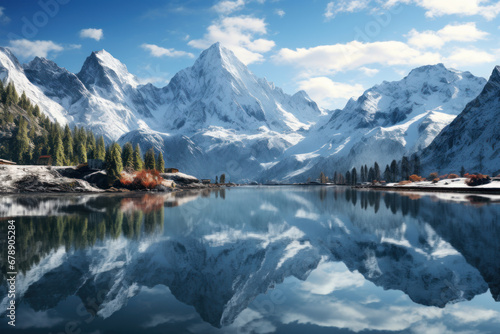 A symmetrical reflection of a mountain range on a pristine alpine lake, conveying the majesty of high-altitude landscapes. Concept of mountainous symmetry and mirror-like waters. Generative Ai.