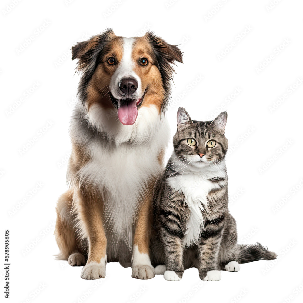 portrait of a happy dog and a cat, full body, isolated on white