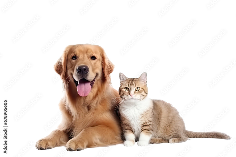 portrait of a happy dog and a cat, full body, isolated on white