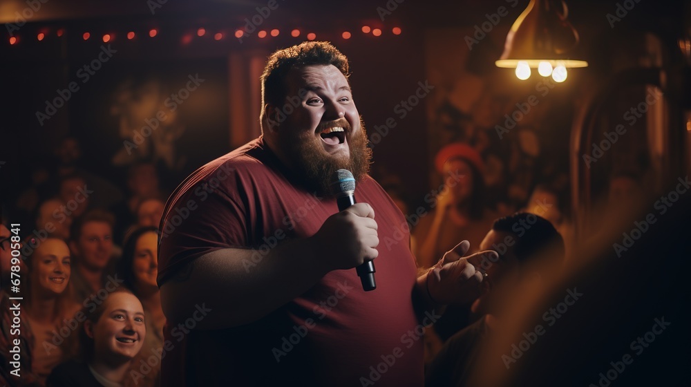 Overweight Comedian Telling Jokes at a Comedy Club