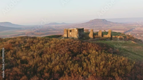 Drone footage of a beautiful castle on Csobanc hill in Hungary, Csobanci castle photo