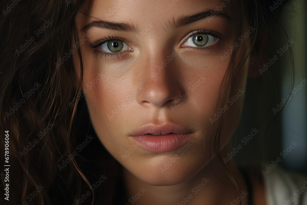 A portrait of a woman, wearing minimal makeup, challenging societal norms about cosmetic enhancements and embracing natural features. Concept of minimalist beauty and self-love. Generative Ai. A portrait of a woman, wearing minimal makeup, challenging societal norms about cosmetic enhancements and embracing natural features. Concept of minimalist beauty and self-love. Generative Ai.