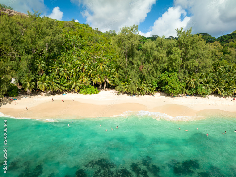 Obraz premium Paradise Sunny beach with palms and turquoise sea. Summer vacation and tropical beach concept. Seyshelles, Anse Solei