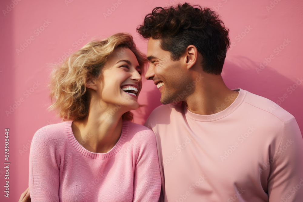 A young couple sharing a candid moment of laughter, the pastel backdrop enhancing the warmth and intimacy of their connection. Concept of love and genuine joy. Generative Ai. A young couple sharing a candid moment of laughter, the pastel backdrop enhancing the warmth and intimacy of their connection. Concept of love and genuine joy. Generative Ai.